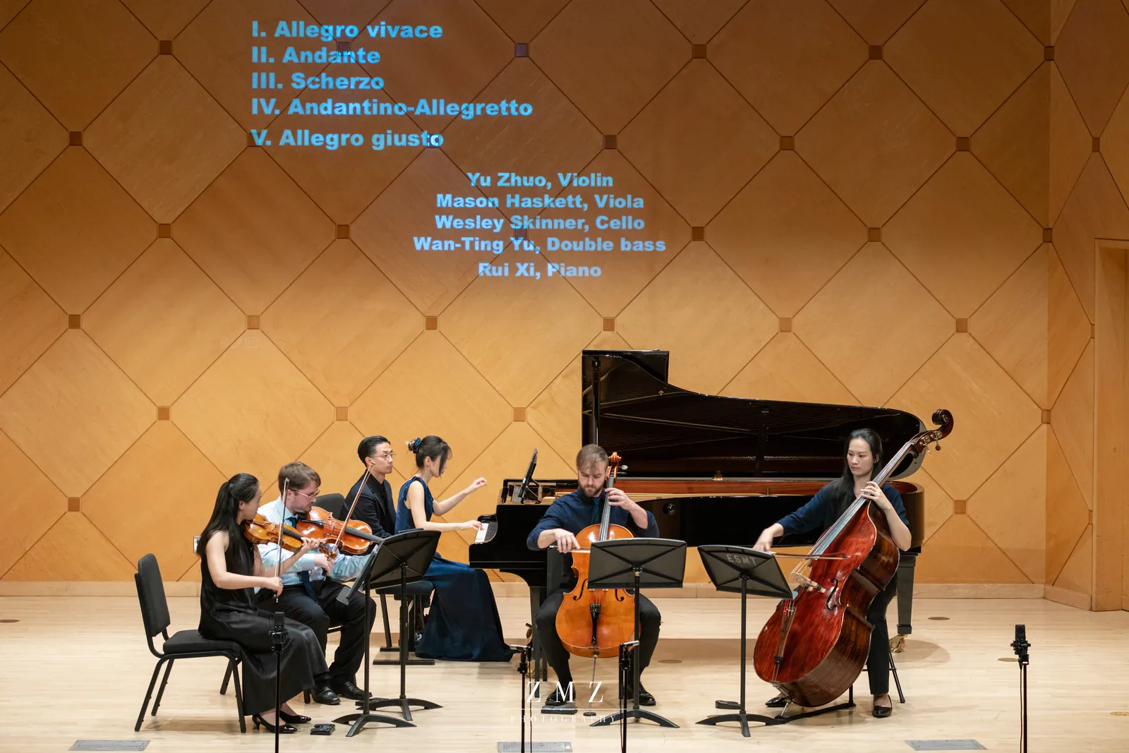 Rui Xi performing piano with a chamber ensemble